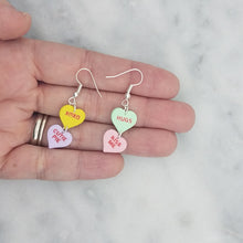 Load image into Gallery viewer, Yellow, Purple, Green, and Pink Double Heart Conversation Words Valentine Handmade Dangle Earrings
