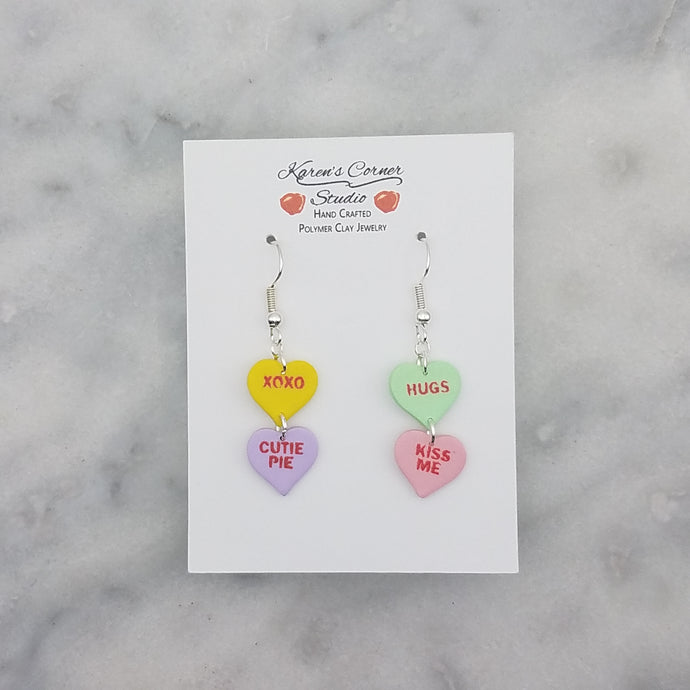 Yellow, Purple, Green, and Pink Double Heart Conversation Words Valentine Handmade Dangle Handmade Earrings