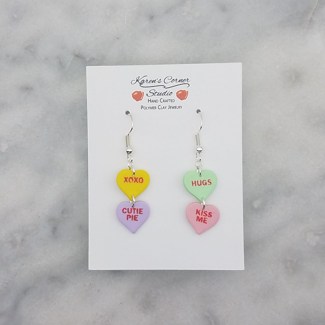 Yellow, Purple, Green, and Pink Double Heart Conversation Words Valentine Handmade Dangle Earrings