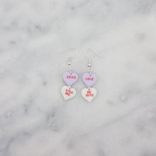 Load image into Gallery viewer, Purple, and White Double Heart Conversation Words Valentine Handmade Dangle Earrings
