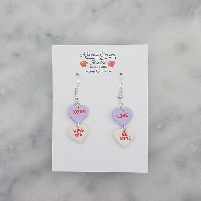 Purple, and White Double Heart Conversation Words Valentine Handmade Dangle Handmade Earrings