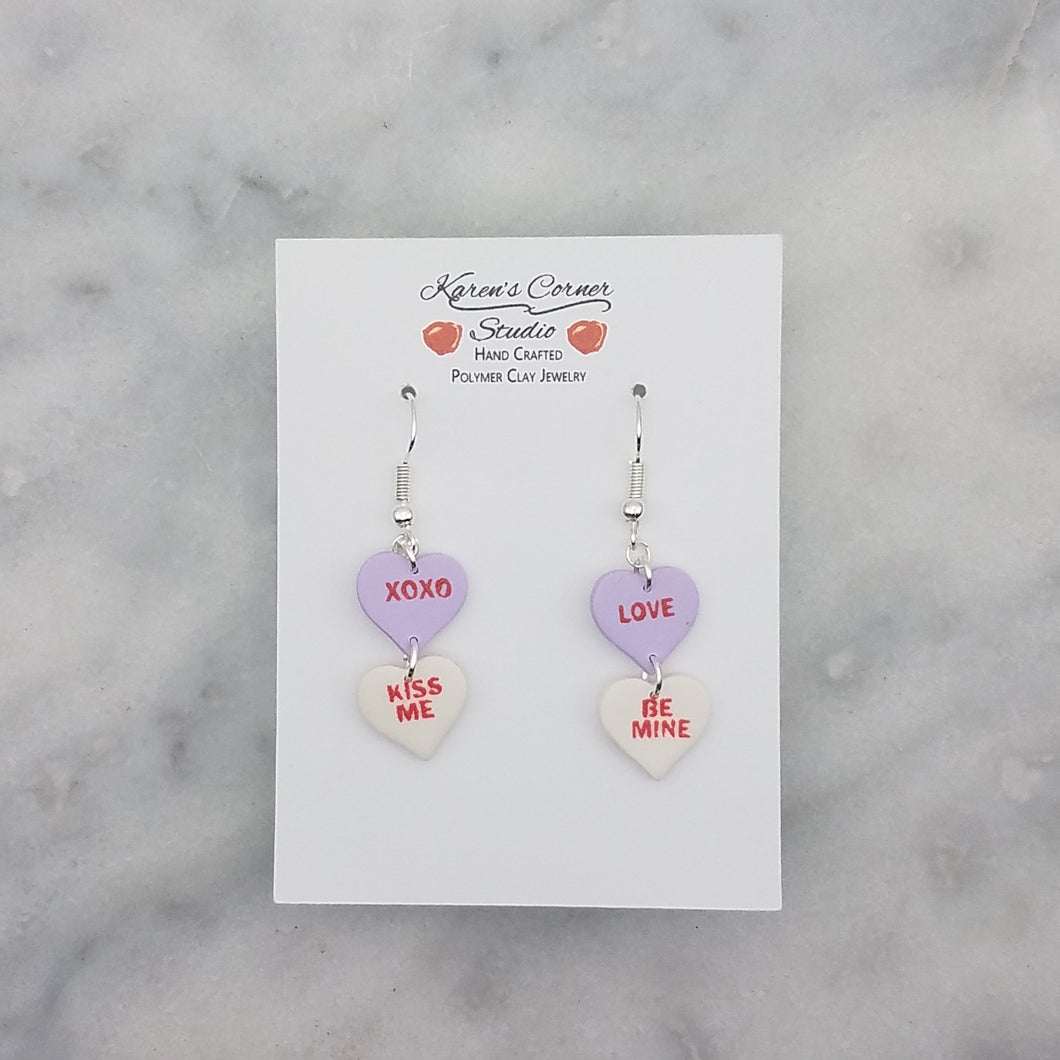 Purple, and White Double Heart Conversation Words Valentine Handmade Dangle Earrings