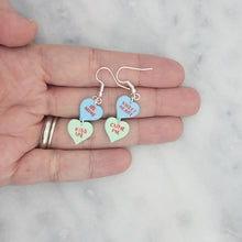 Load image into Gallery viewer, Blue, and Green Double Heart Conversation Words Valentine Handmade Dangle Earrings
