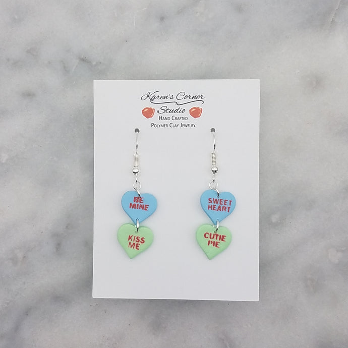 Blue, and Green Double Heart Conversation Words Valentine Handmade Dangle Handmade Earrings