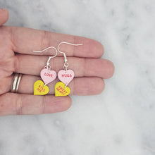 Load image into Gallery viewer, Pink, and Yellow Double Heart Conversation Words Valentine Handmade Dangle Earrings
