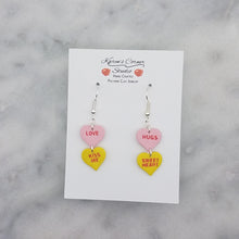 Load image into Gallery viewer, Pink, and Yellow Double Heart Conversation Words Valentine Handmade Dangle Handmade Earrings
