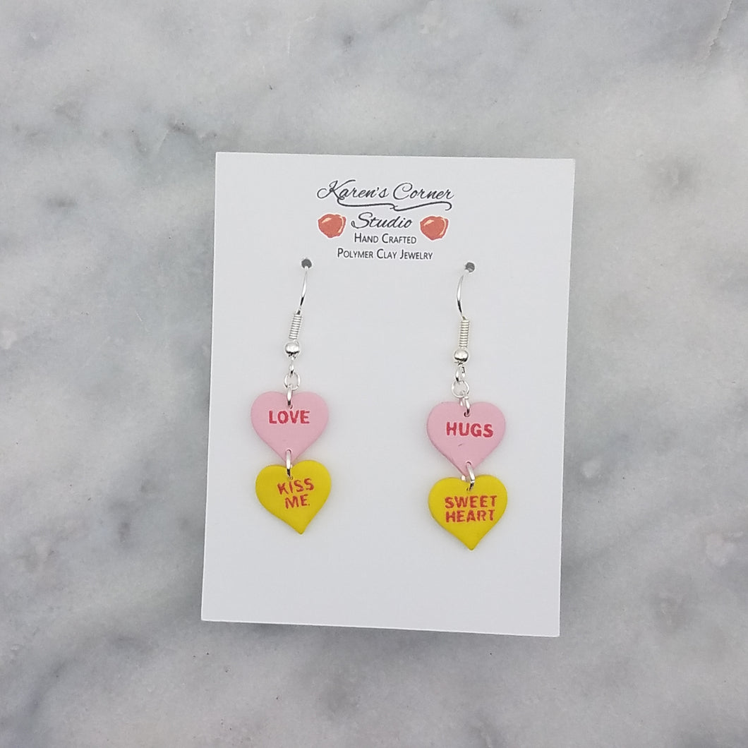 Pink, and Yellow Double Heart Conversation Words Valentine Handmade Dangle Earrings