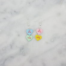 Load image into Gallery viewer, Double Heart Blue, Green, Pink, and Yellow Matching Conversation Words Valentine Handmade Dangle Handmade Earrings
