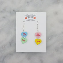 Load image into Gallery viewer, Double Heart Blue, Green, Pink, and Yellow Matching Conversation Words Valentine Handmade Dangle Handmade Earrings
