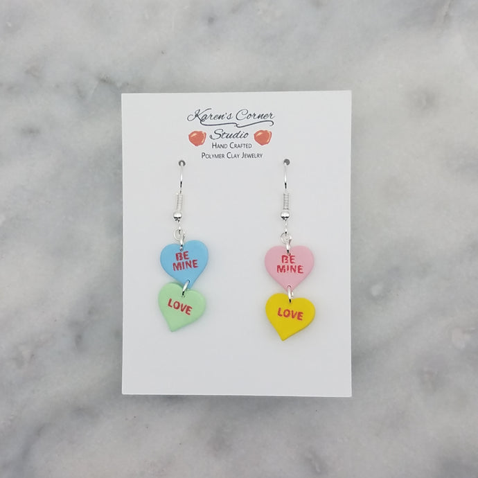 Double Heart Blue, Green, Pink, and Yellow Matching Conversation Words Valentine Handmade Dangle Handmade Earrings