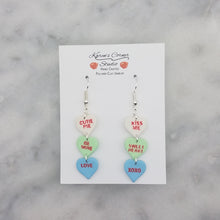 Load image into Gallery viewer, Triple White, Green and Blue Hearts With Red Words Conversation Valentine Handmade Dangle Handmade Earrings
