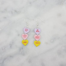 Load image into Gallery viewer, Triple Heart Matching Words and Purple, Pink and Yellow Colors Conversation Valentine Handmade Dangle Handmade Earrings

