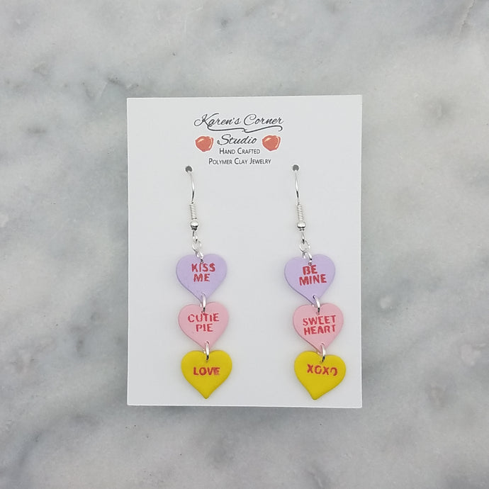 Triple Heart Matching Words and Purple, Pink and Yellow Colors Conversation Valentine Handmade Dangle Handmade Earrings