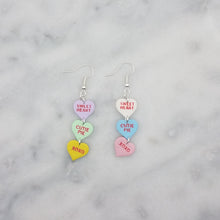 Load image into Gallery viewer, Triple Purple, Green, Yellow, White, Blue, and Pink Heart Handmade Matching Words Conversation Valentine Dangle Handmade Earrings
