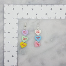 Load image into Gallery viewer, Triple Purple, Green, Yellow, White, Blue, and Pink Heart Handmade Matching Words Conversation Valentine Dangle Handmade Earrings
