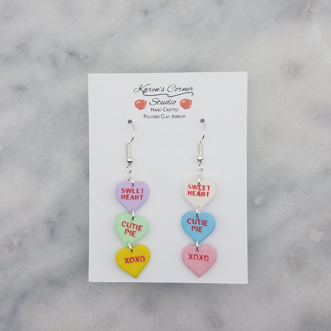 Triple Purple, Green, Yellow, White, Blue, and Pink Heart Handmade Matching Words Conversation Valentine Dangle Handmade Earrings