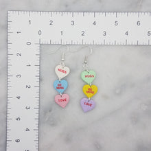 Load image into Gallery viewer, Triple Heart Handmade Matching Words Conversation Valentine Dangle Earrings
