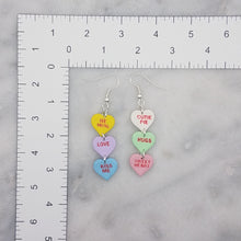 Load image into Gallery viewer, Triple Yellow, Purple, Blue, White, Green, and Pink Handmade Conversation Heart Valentine Dangle Earrings
