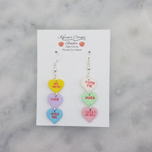 Load image into Gallery viewer, Triple Yellow, Purple, Blue, White, Green, and Pink Handmade Conversation Heart Valentine Dangle Handmade Earrings
