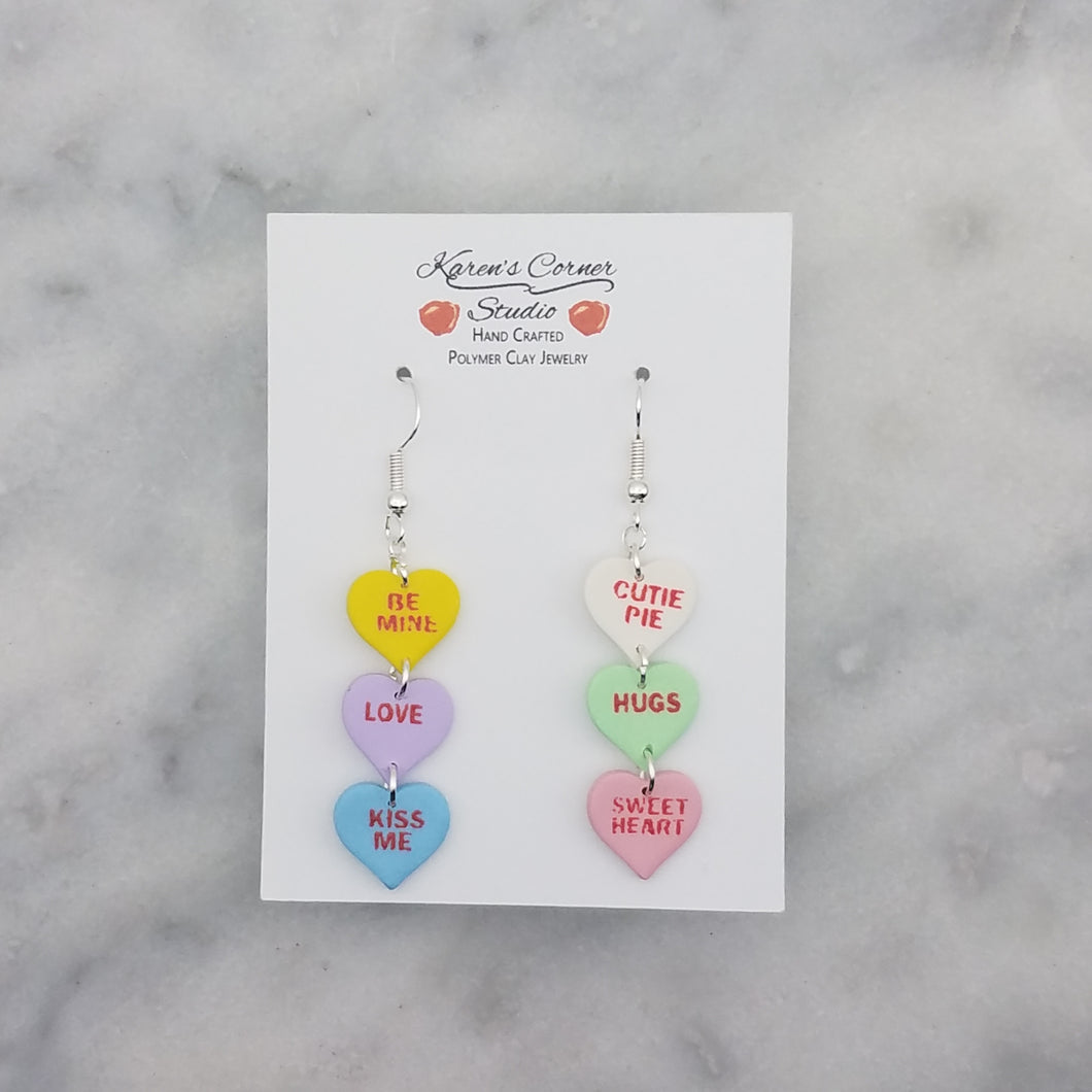 Triple Yellow, Purple, Blue, White, Green, and Pink Handmade Conversation Heart Valentine Dangle Earrings
