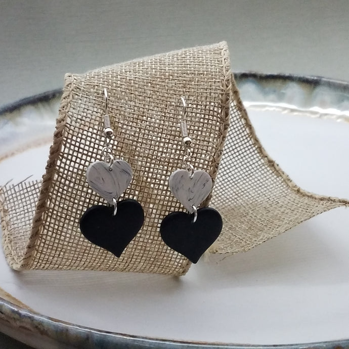 S and L Double Heart Solid Black with White Marble Handmade Dangle Handmade Earrings