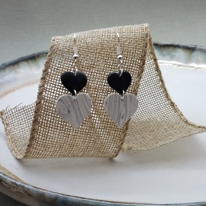 S and L Double Heart Solid White with Black Marble Handmade Dangle Handmade Earrings