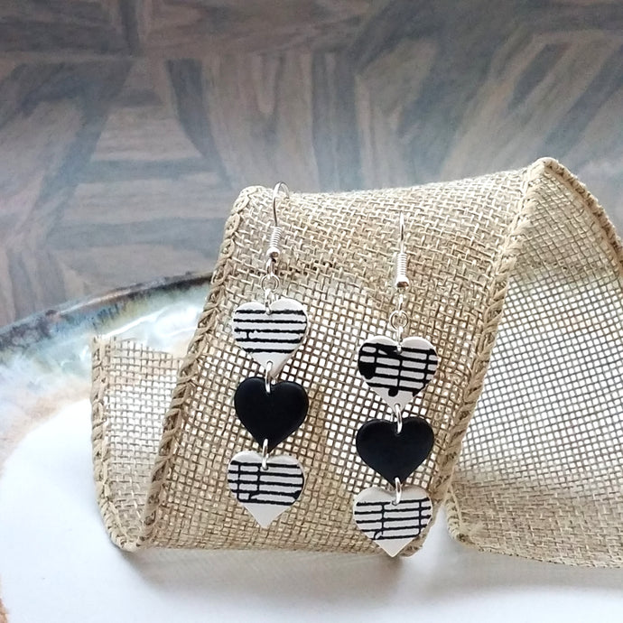 White With Black Heart Triple S Heart Shaped Music Notes Dangle Handmade Earrings