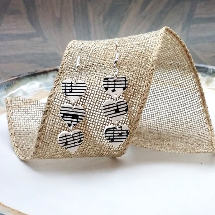 White Triple S Heart Shaped Music Notes Dangle Handmade Earrings