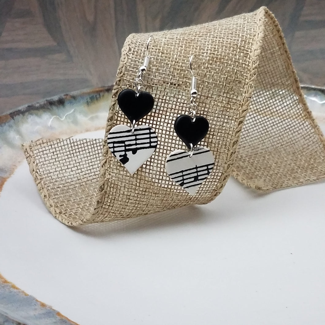 Solid Black with White Double Heart Shaped Music Notes Dangle Handmade Earrings