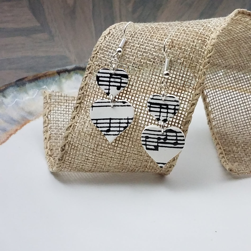 White Double Heart Shaped Music Notes Dangle Handmade Earrings