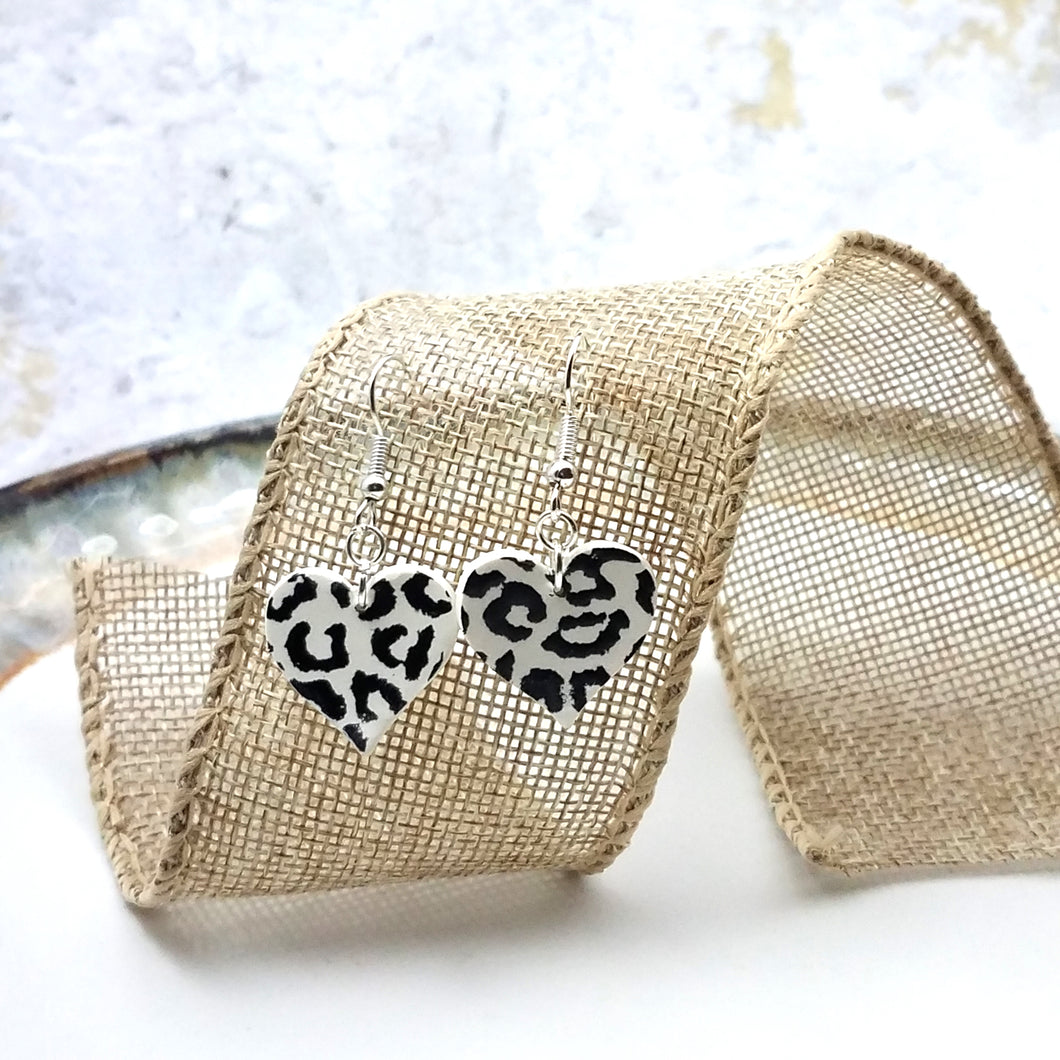 Black and White Leopard Print Heart Shaped Dangle Handmade Earrings