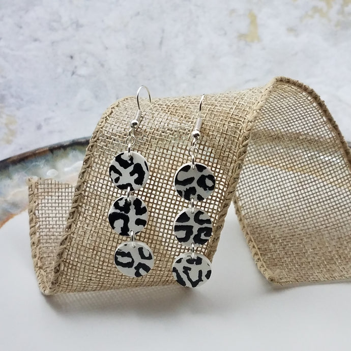 Black and White Leopard Print S Triple Circle Shaped Dangle Handmade Earrings
