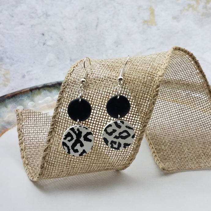 Black and White Leopard Print S and M Double Circle Shaped Dangle Handmade Earrings