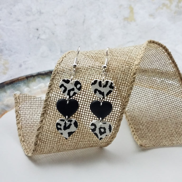 Black and White with Solid Black Leopard Print S Triple Heart Shaped Dangle Handmade Earrings