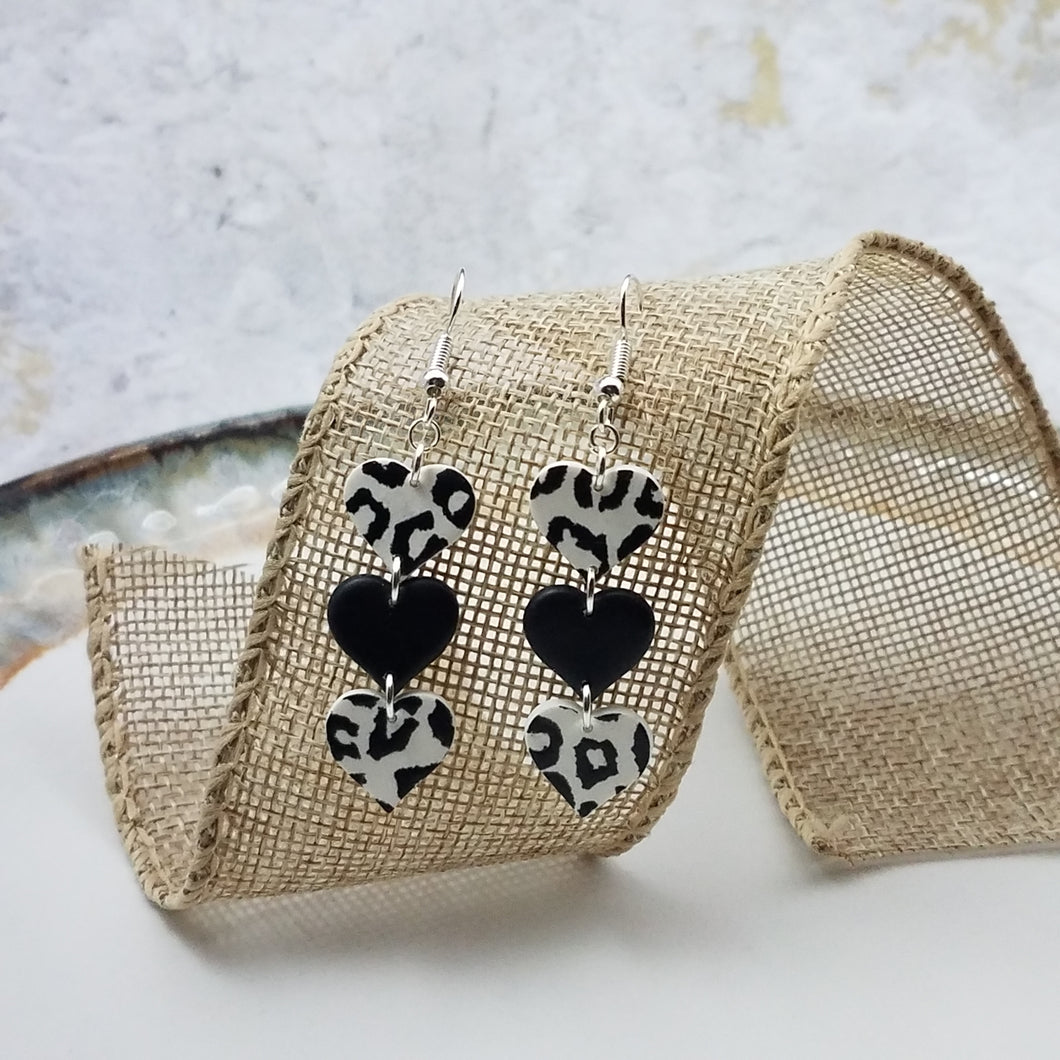 Black and White with Solid Black Leopard Print Small Triple Heart Shaped Dangle Handmade Earrings