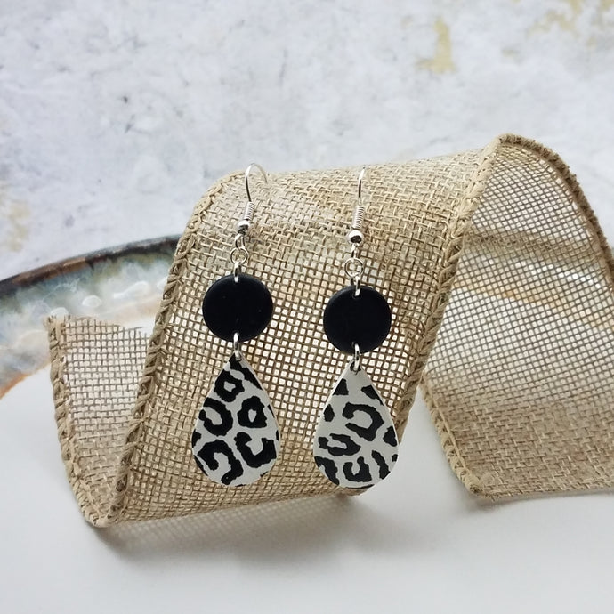 Black and White Leopard Print S Circle and Teardrop Shaped Dangle Handmade Earrings