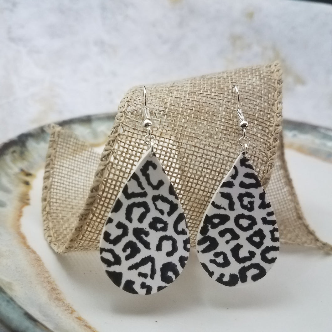 Black and White Leopard Print Teardrop Shaped Dangle Handmade Earrings