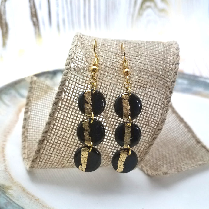 S Triple Circle Shaped Black With Gold Stripe Handmade Dangle Handmade Earrings