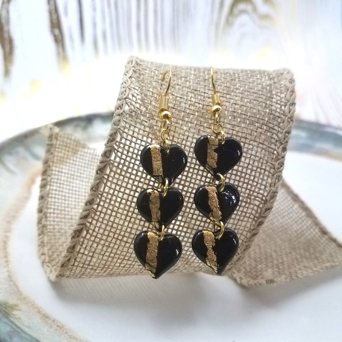 S Triple Heart Shaped Black With Gold Stripe Handmade Dangle Handmade Earrings