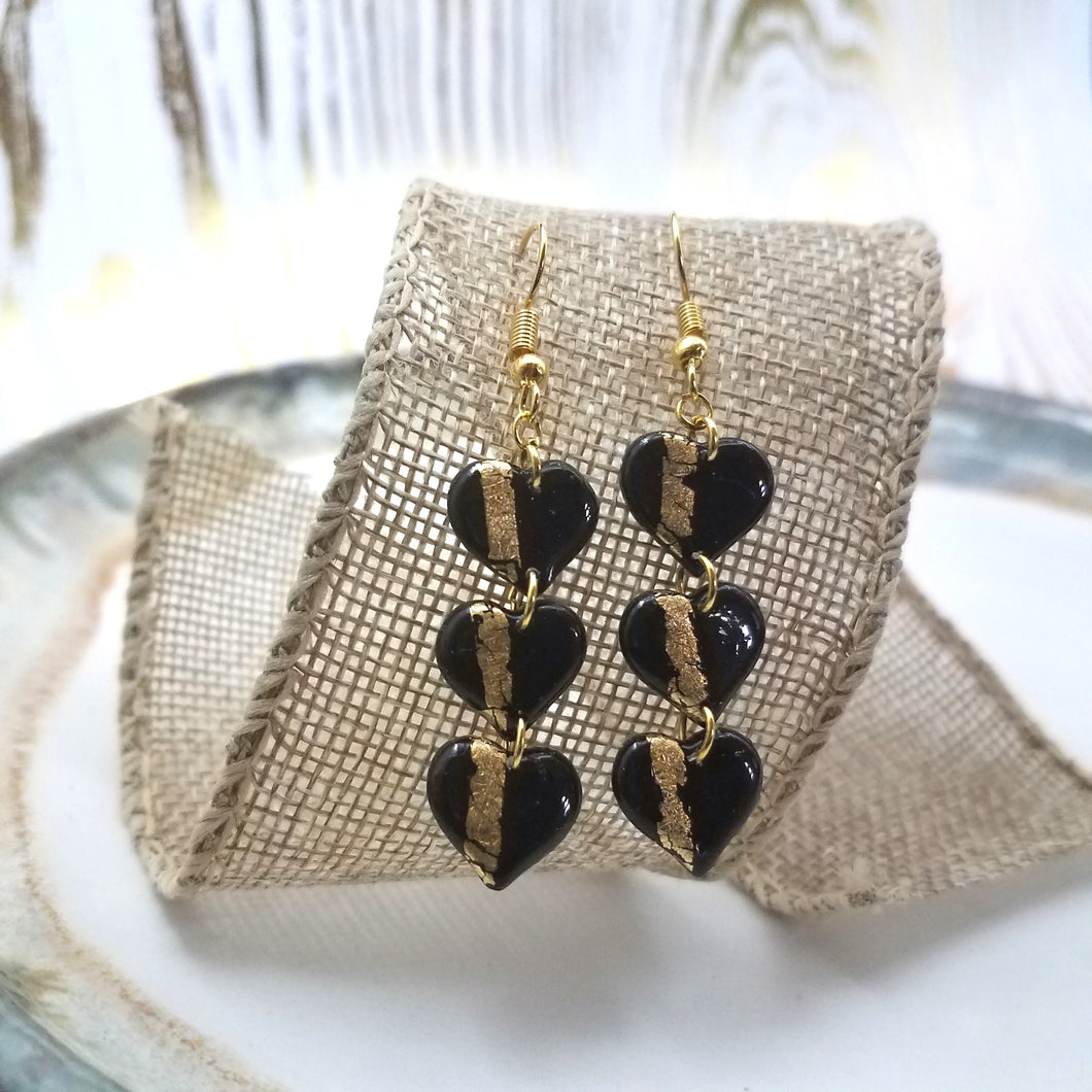 Small Triple Heart Shaped Black With Gold Stripe Handmade Dangle Earrings