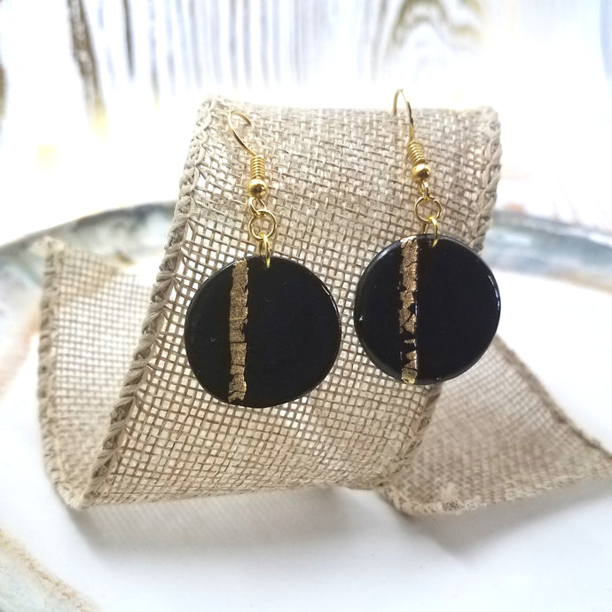 Circle Shaped Black With Gold Stripe Handmade Dangle Handmade Earrings