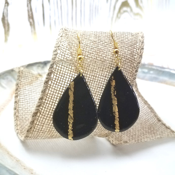 Teardrop Shaped Black With Gold Stripe Handmade Dangle Handmade Earrings