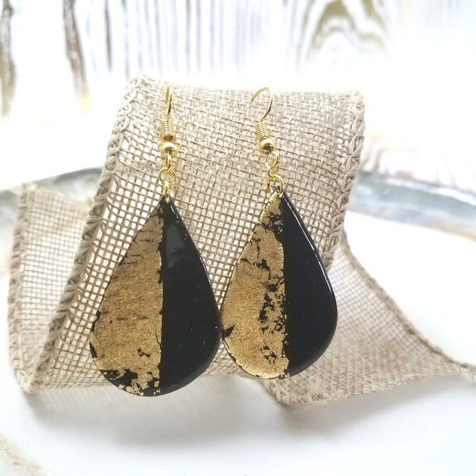 Teardrop Shaped Half Black Half Gold Handmade Dangle Handmade Earrings
