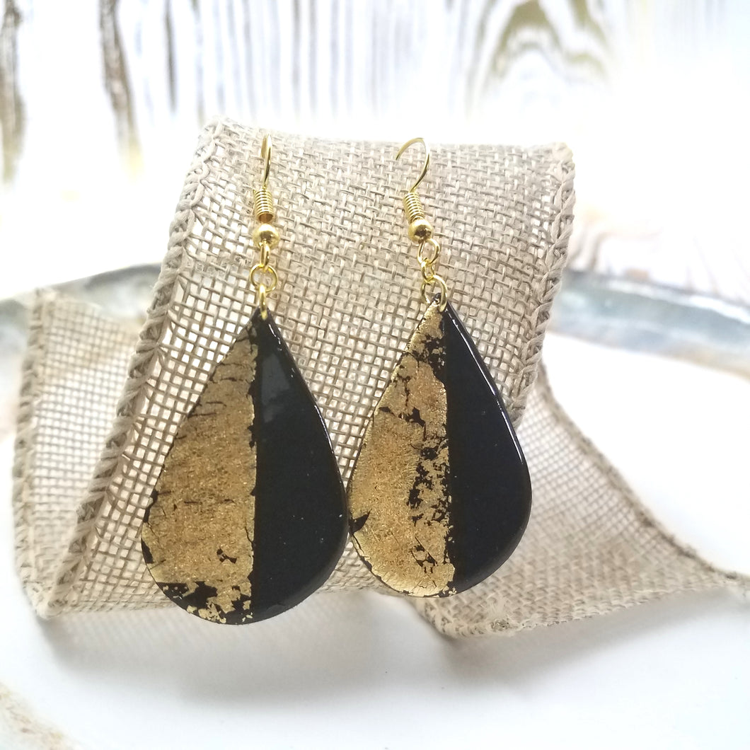 Teardrop Shaped Half Black Half Gold Handmade Dangle Earrings