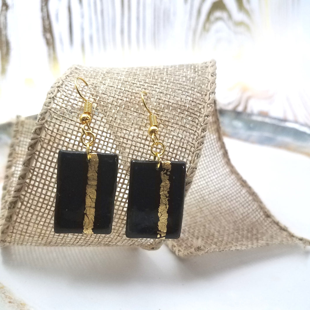 Rectangle Shaped Black With Gold Stripe Handmade Dangle Earrings