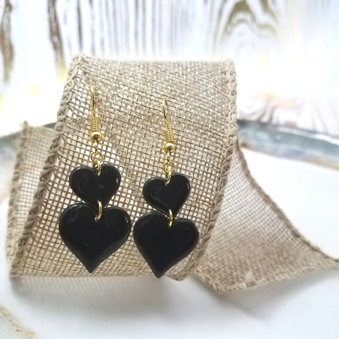 Double Heart Shaped Black Handmade Dangle Handmade Earrings