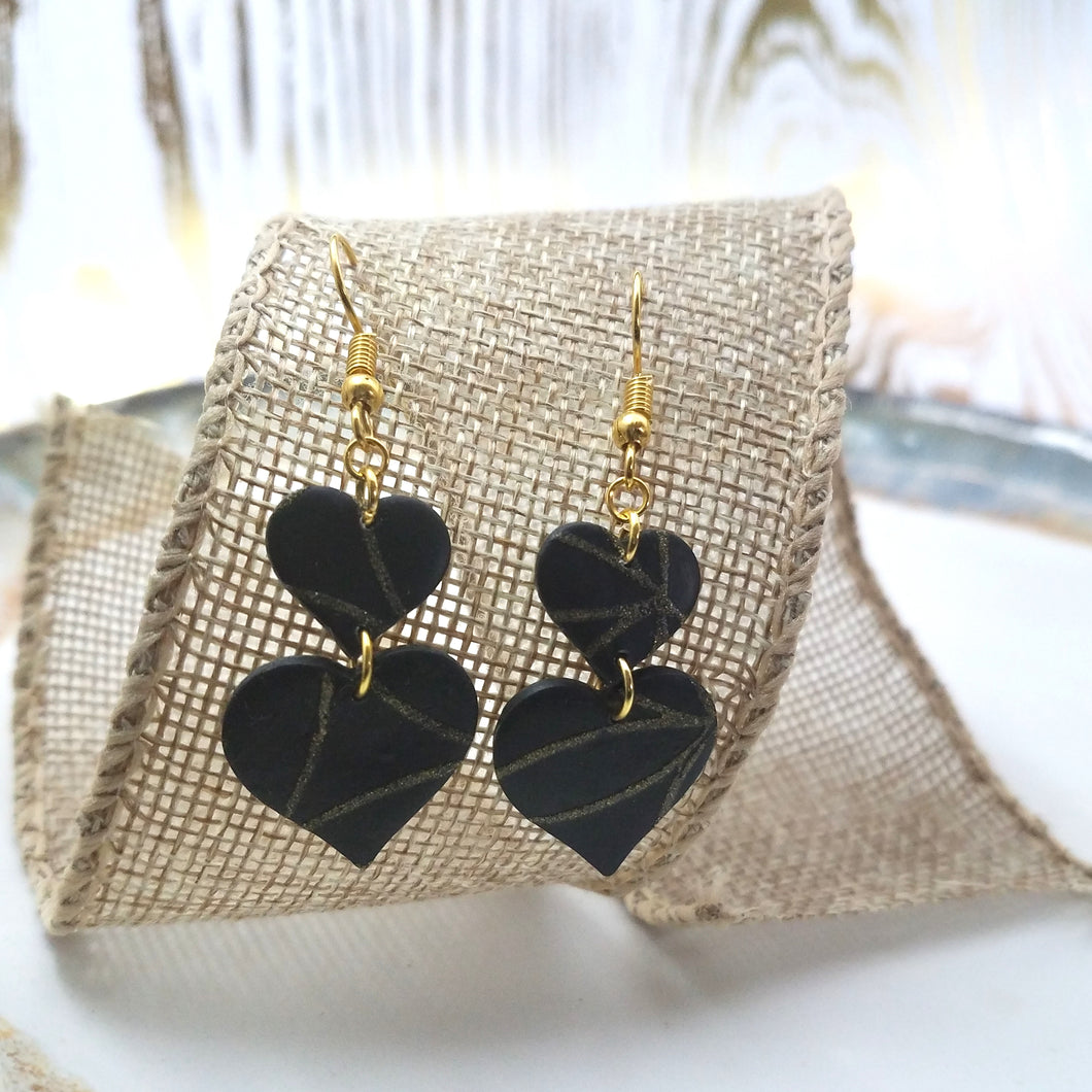 Double Heart Shaped Black With Gold Flower Pattern Handmade Dangle Earrings