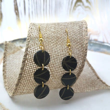 Load image into Gallery viewer, Small Triple Circle Shaped Black With Gold Flower Pattern Handmade Dangle Earrings
