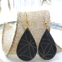 Load image into Gallery viewer, Teardrop Black With Gold Flower Pattern Handmade Dangle Earrings
