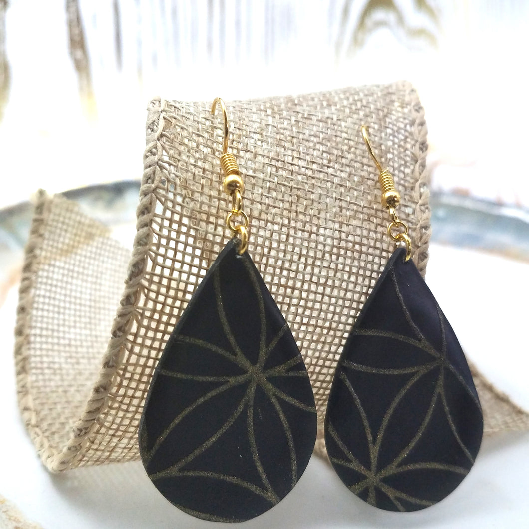 Teardrop Black With Gold Flower Pattern Handmade Dangle Earrings